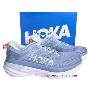 HOKA ONE ONE Bondi 7 Blue Fog Glass, White & Orange Sneakers